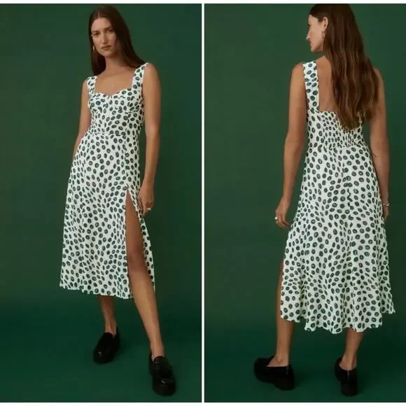 Reformation Fulton Midi Dress Green Polka Dot Slit Tapioca 8 Spring Leopard - Picture 2 of 12